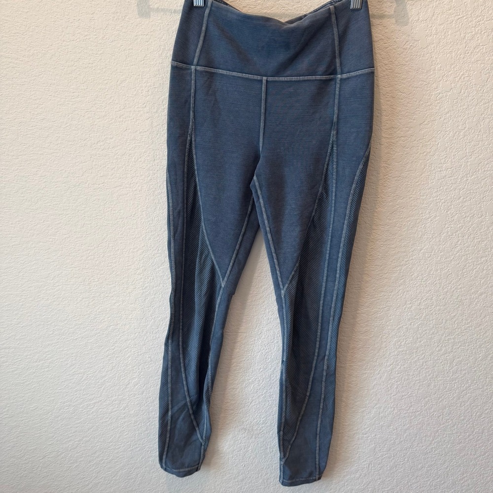 Lululemon Blue White Micro Stripe Ribbed Panel High Rise Leggings Size 4